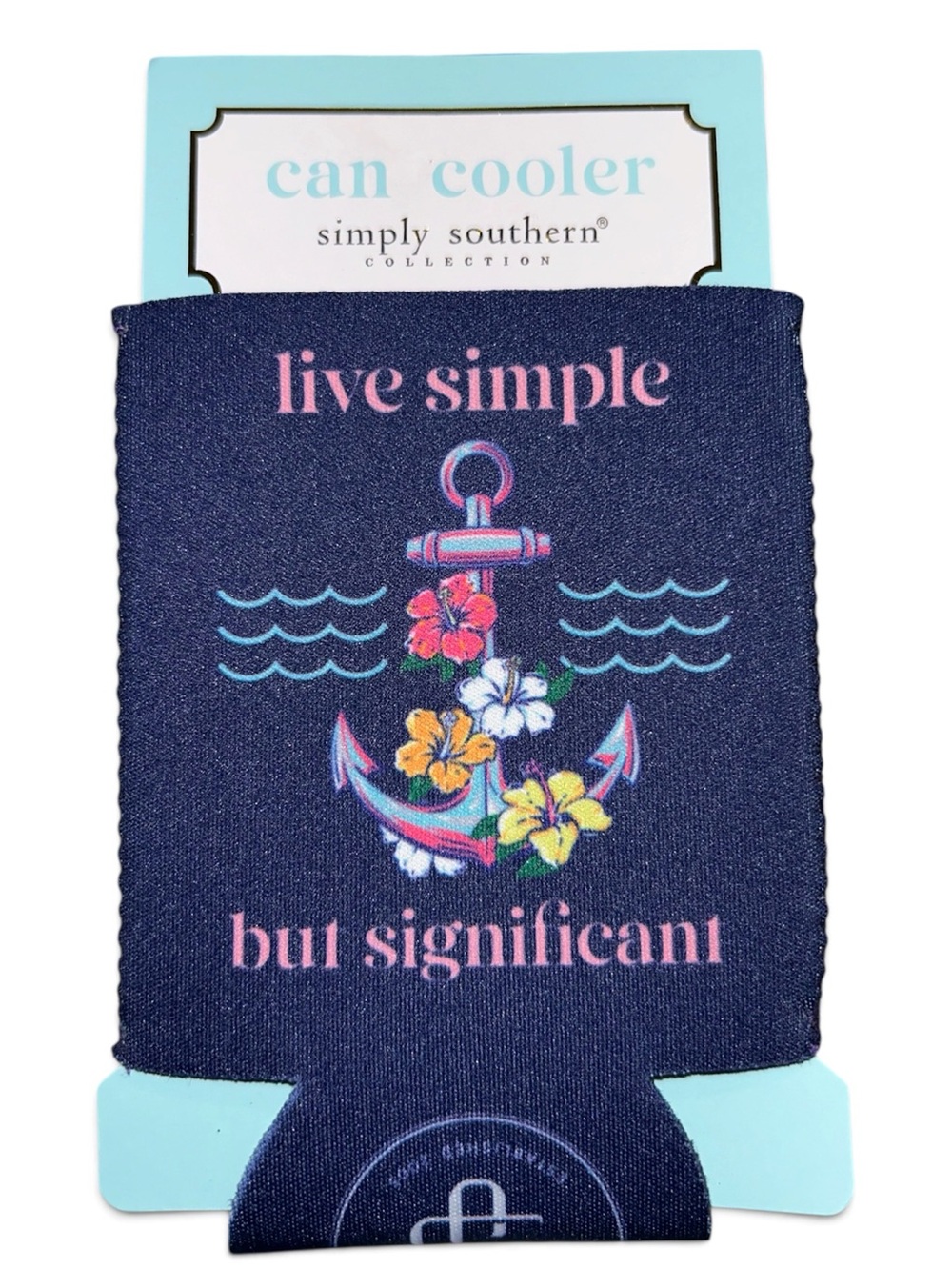 Simply Southern Navy Can Cooler with Pink Text and Multicolor Floral Anchor
